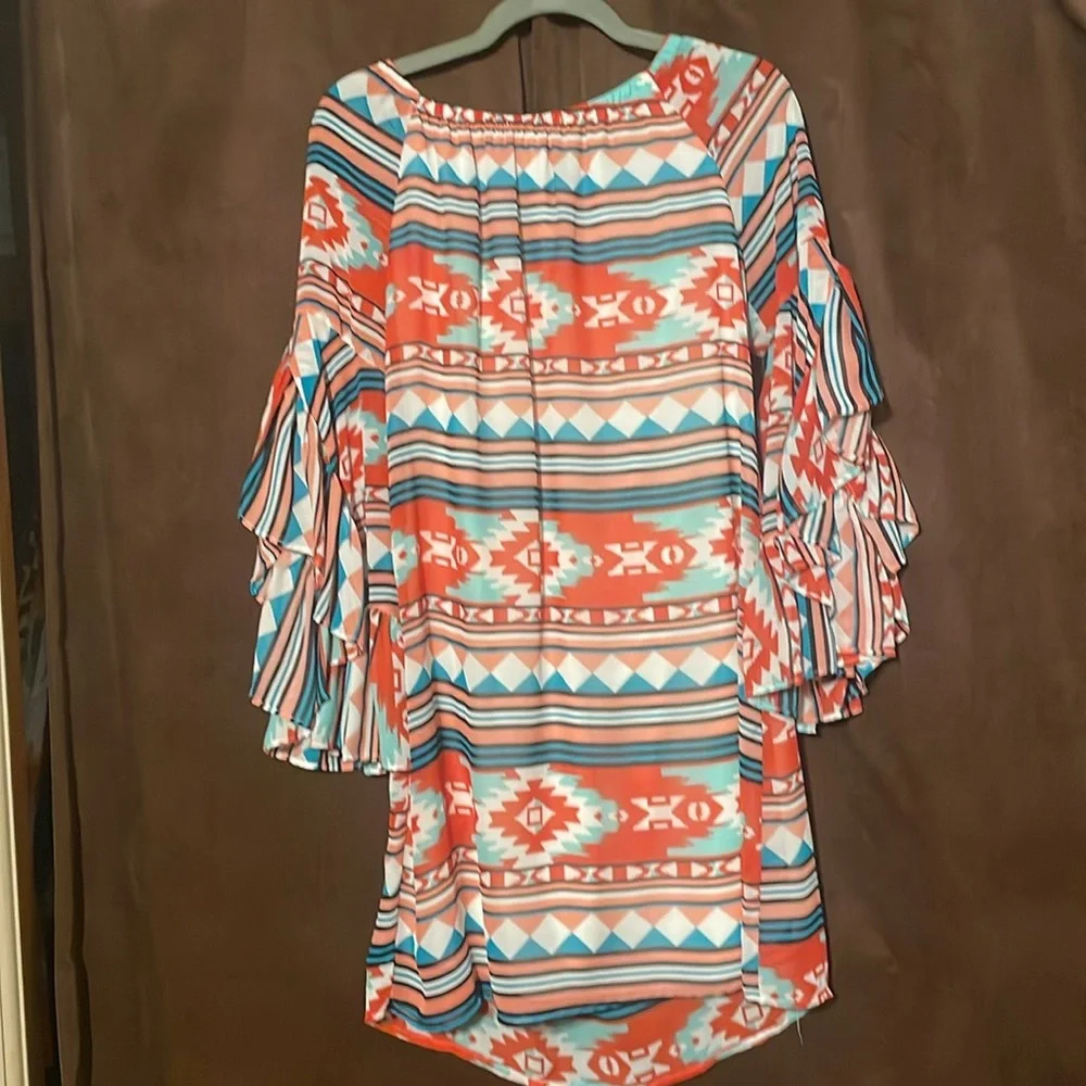 Navajo Print Shirt Womens Top orange teal white black size medium Ruffle sleeves - Picture 5 of 6